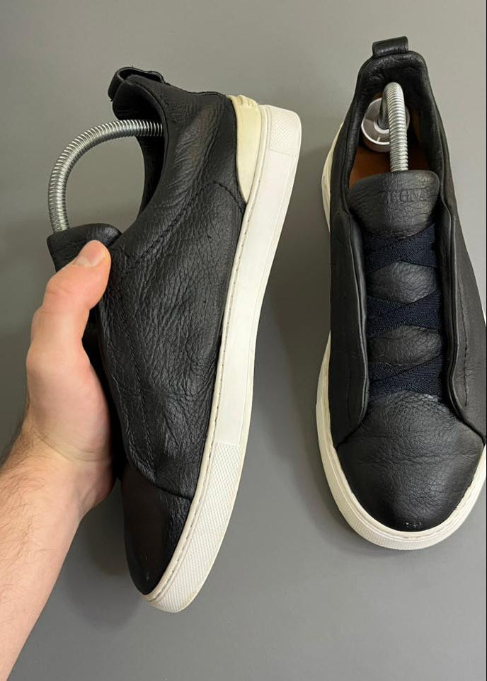 Zegna Triple Stitch Couro Azul Marinho
