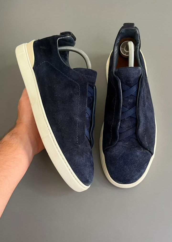 Zegna Triple Stitch Couro e Camurça Azul Marinho