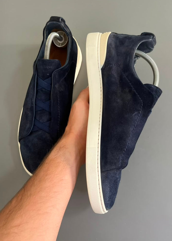 Zegna Triple Stitch Couro e Camurça Azul Marinho