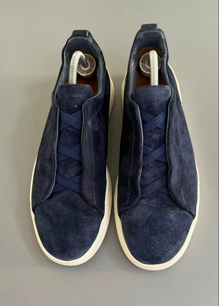 Zegna Triple Stitch Couro e Camurça Azul Marinho