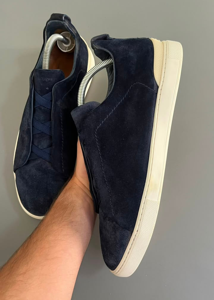 Zegna Triple Stitch Couro e Camurça Azul Marinho