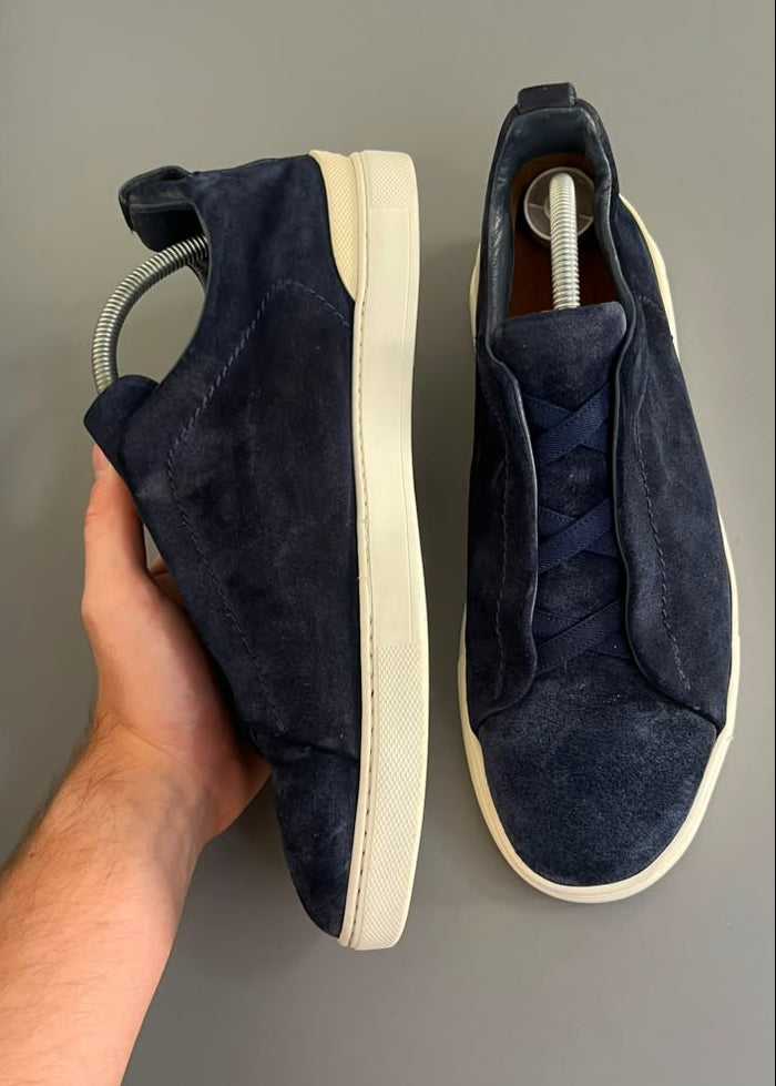 Zegna Triple Stitch Couro e Camurça Azul Marinho