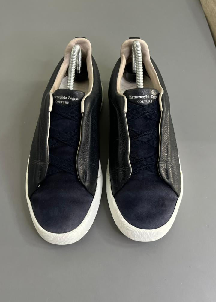 Zegna Triple Stitch couro e Camurça Azul Marinho