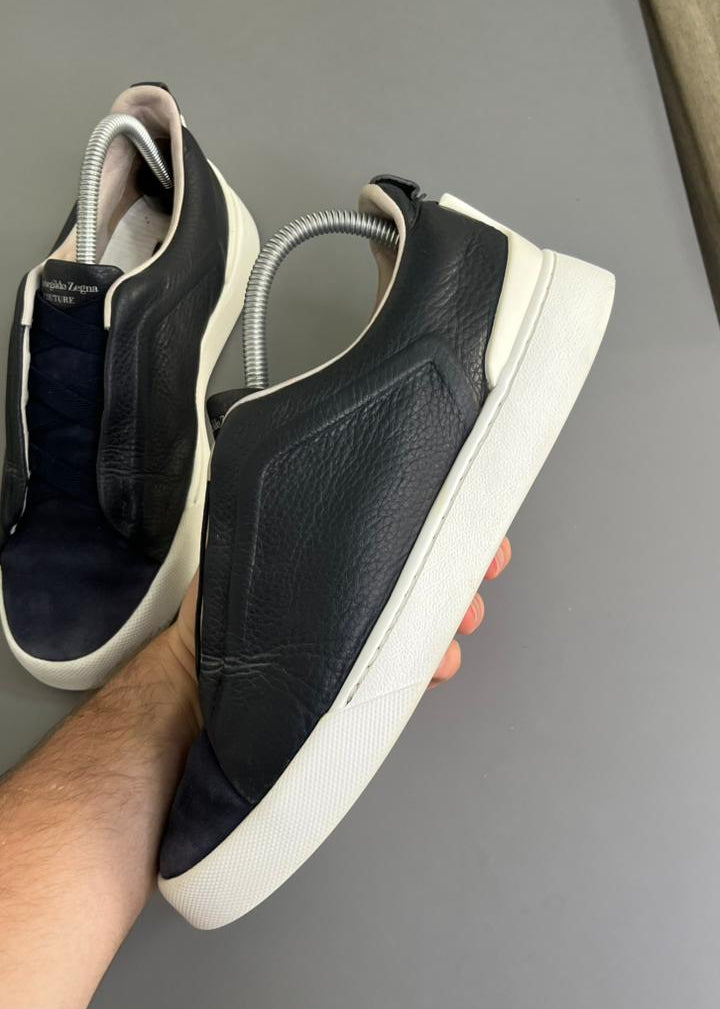 Zegna Triple Stitch couro e Camurça Azul Marinho
