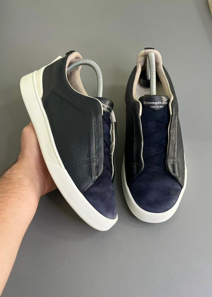 Zegna Triple Stitch couro e Camurça Azul Marinho
