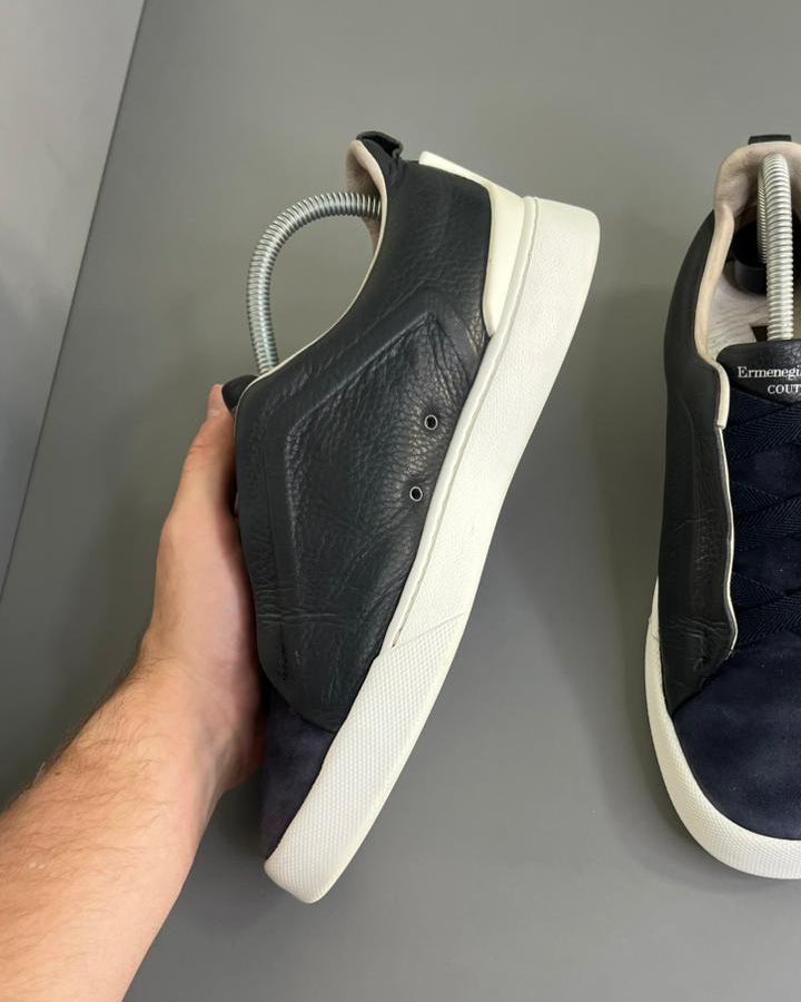 Zegna Triple Stitch couro e Camurça Azul Marinho