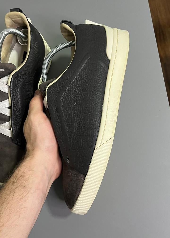 Tênis Zegna Triple Stitch Cinza couro e camurça