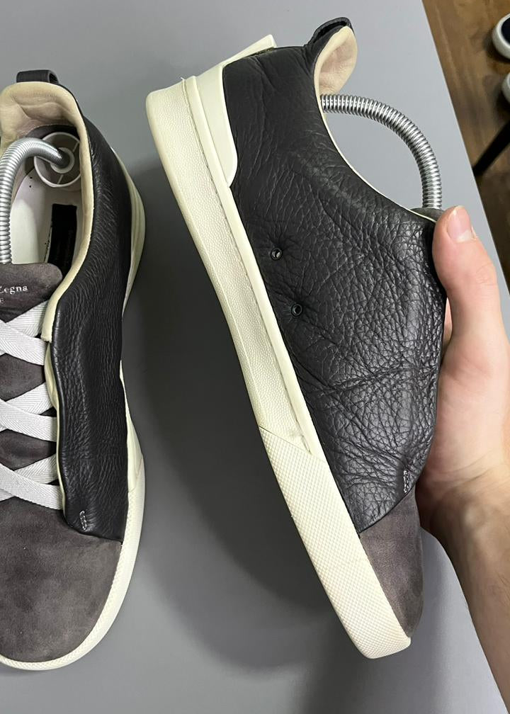 Tênis Zegna Triple Stitch Cinza couro e camurça