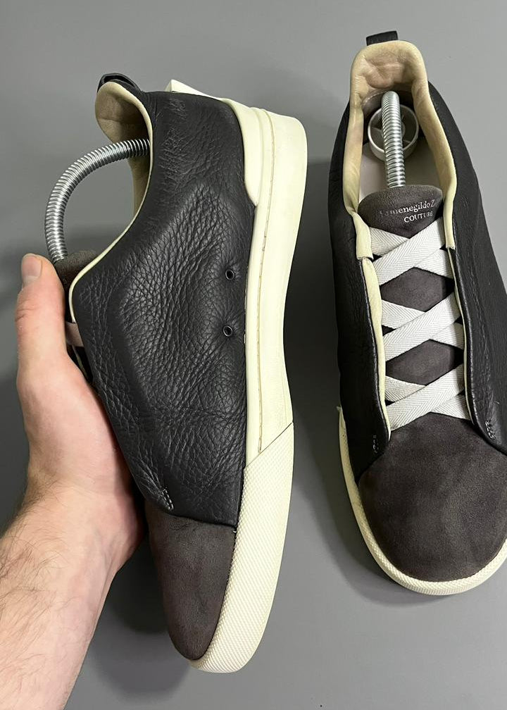 Tênis Zegna Triple Stitch Cinza couro e camurça