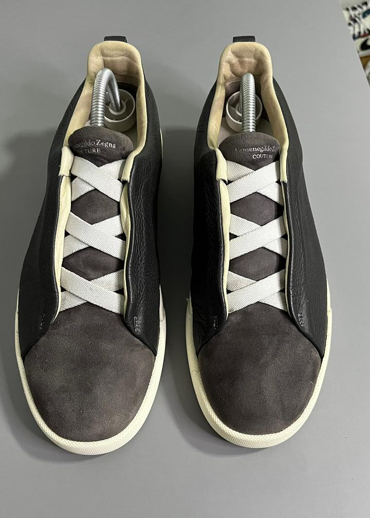 Tênis Zegna Triple Stitch Cinza couro e camurça