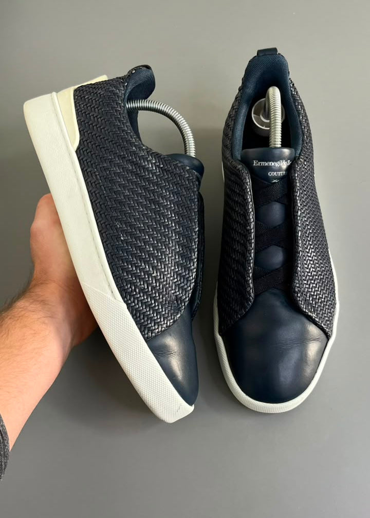 Zegna Triple Stitch Couro Azul Marinho