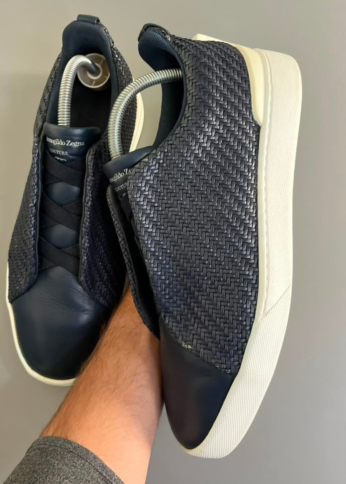 Zegna Triple Stitch Couro Azul Marinho
