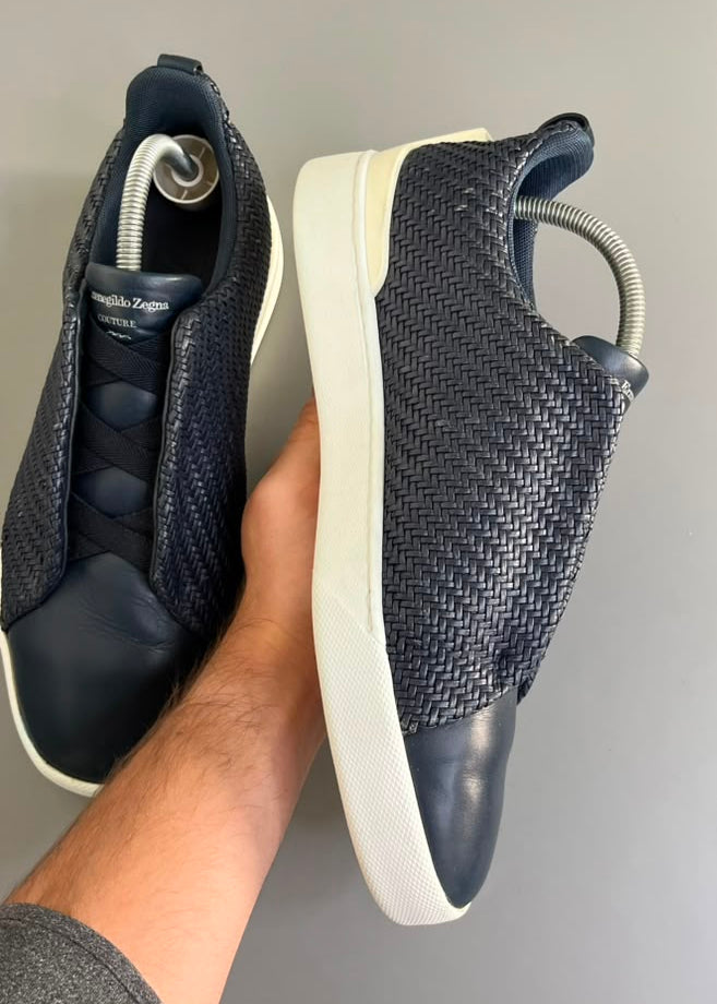 Zegna Triple Stitch Couro Azul Marinho